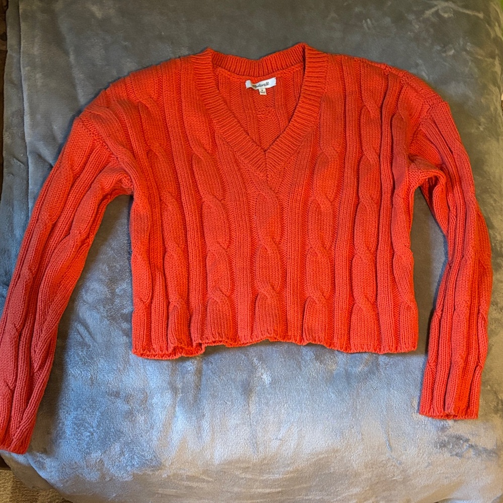 Orange V-Neck Cable Knit Sweater